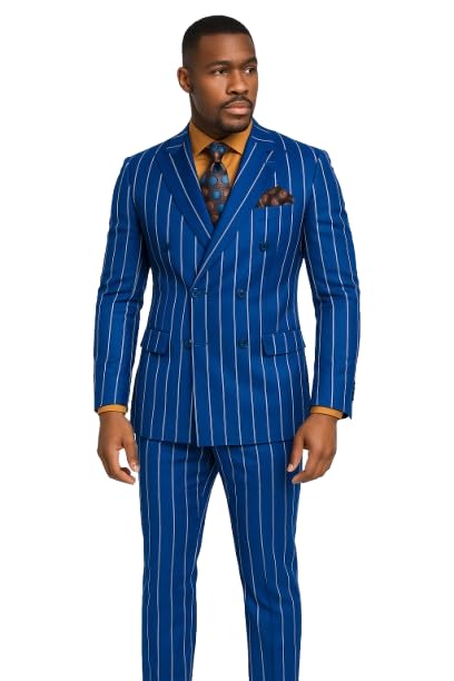 Men's Royal Blue Pinstripe Double-Breasted Suit - Bold Charcoal Stripe 1920s Gangster Fabric