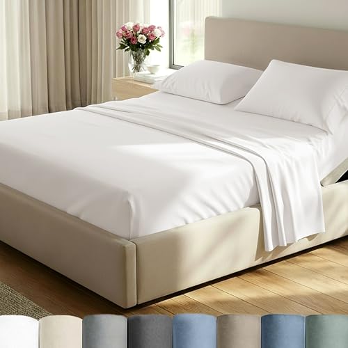 Image of California Design Den Split King Sheet Set - 100% Cotton, Luxuriously Soft 600 Thread Count Sateen, King Size Sheets for Adjustable Bed - True Ivory