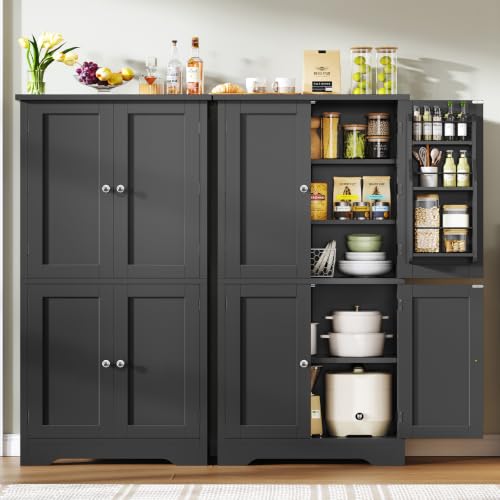 Image of TEENFON 51 inch H Pantry Cabinet with 4 Doors, Kitchen Cabinet with 6 Door Shelves, Kitchen Pantry for Living Room, Dining Room, Bathroom, Black