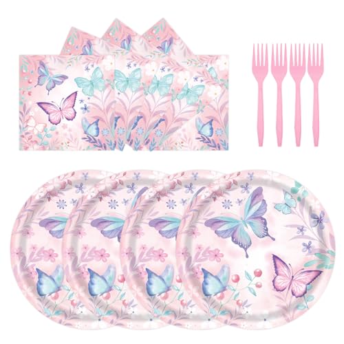 72Pcs Butterfly Plates and Napkins Butterfly Birthday Paper Plates and Napkins with Forks Disposable Tableware Set for Girl Butterfly Birthday Decorations