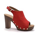  Angkorly - Zapatillas Moda Sandalias Mules Tacones Altos Vendimia/Retro Plataforma Mujer Efecto Madera Tachonado Tacón Ancho Alto 10 CM - Rojo YL129 T 36