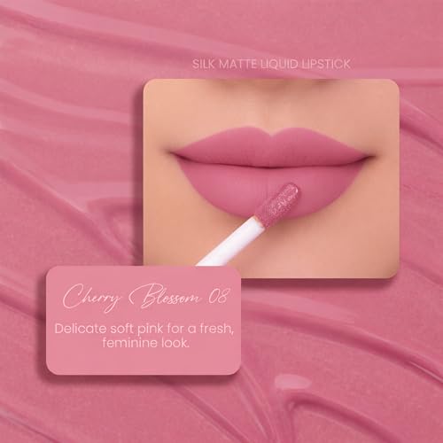 Image of Parul Garg Beauty Silk Matte Liquid Lipstick|Long-Lasting & Smudge-Proof|Soft Matte Finish|Vegan & Clean Beauty|Hydrates with Shea Butter & Vitamin E|Shade: Cherry Blossom 18 - Soft Pink, 3ml