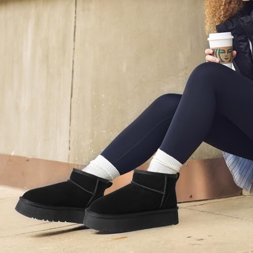 DREAM PAIRS DREAM PAIRS Women's Platform Winter Snow Boots Genuine Suede, Water Resistant Mini Ankle Boots Stable Lightweight Booties Anti-Slip with Memory Foam Outdoor Fuzzy,Size 7,Black,DWUMSB2501