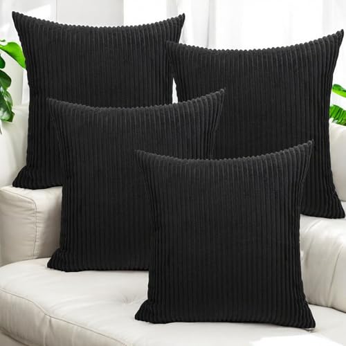 Seechoo Corduroy Cushion Covers, Set of 4, 40 x 40 cm, Plain Soft Striped, Assorted Colours (Black)