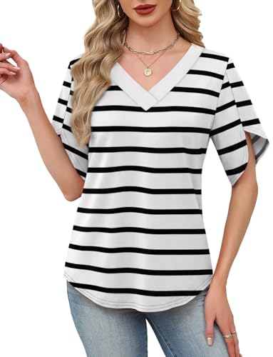 Image of WIHOLL Womens Summer Tops Short Petal Sleeve Shirts Fashion V Neck Womens Clothing