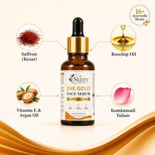 Image of 24K Gold Kumkumadi Face Serum | Anti Aging Brightening Serum with Rosehip Oil, Saffron & Vitamin E | Glow Boosting Face Serum for Women & Men | All Skin Types | 30ml