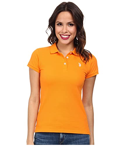 U.S. Polo Shirt Assn. Juniors Solid Polo Shirt with Small Pony, Orange Popsicle, Large