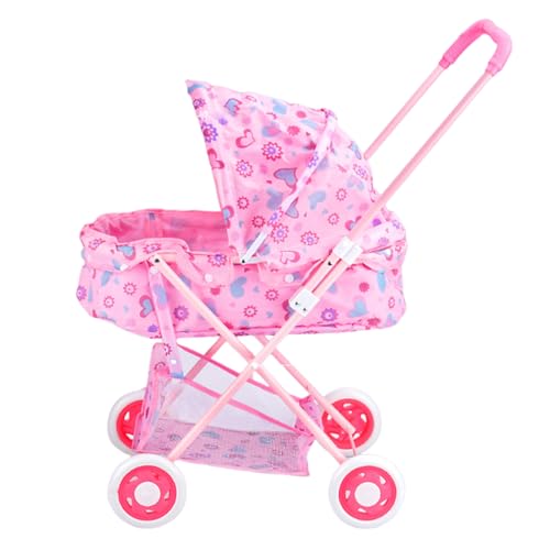 Poussette pour poupée avec cadre robuste, landau jouet rose fleuri