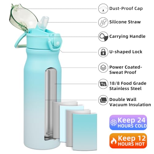 Image of BJPKPK 25 oz Insulated Water Bottle, Straw, Handle, Stainless Steel Flask | Leak Proof Locking Lid, Thermal, Double Wall Vacuum, Keeps Hot /Cold, BPA Free, Dishwasher Safe, Travel & Sports, Sea Salt