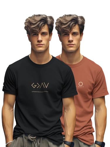 Image of BULLMER Trendy Printed Cotton Blend Crew Neck /Round Neck Half Sleeve Tshirt for Men- Pack of 2