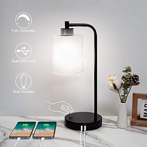 Boncoo Black Industrial Table Lamp with USB Ports, Dimmable Touch Table Lamps for Bedroom, Rustic Small Side Table Lamp, Modern Nightstand Lamp Bedside Lamp Desk Lamp ST64 6W 4000K Bulb Included