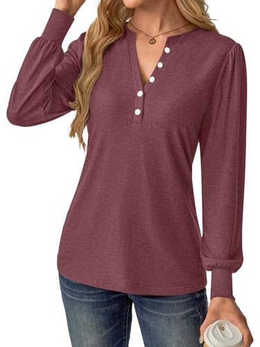 GKBK Women's Puff Long Sleeve Tunic V Neck Button Blouses Fall Tops Trendy Dressy Casual Business Henley Shirts Wine Red L — view 5