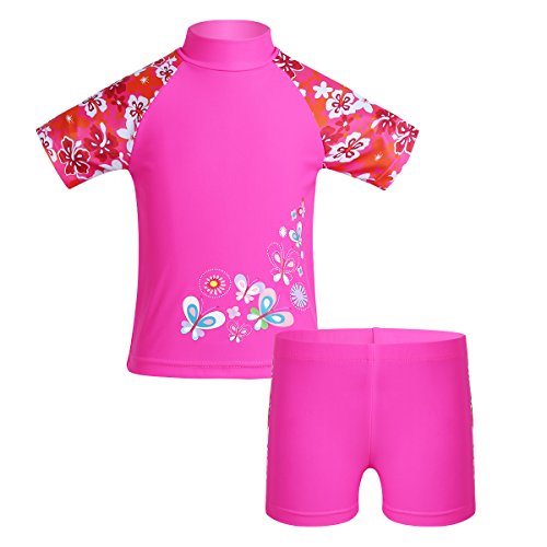Kids Girls Two Piece Tankini Swimsuit Short Sleeves Floral Printed Top with Bottoms Swimwear Bathing Suit