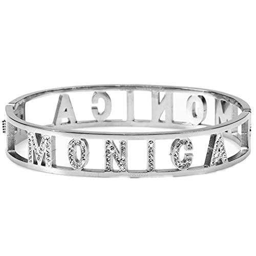 Flowers Bracciale Rigido Acciaio con Nome Vari e Zirconcini Sacchettino in Tessuto Scritta Nome ricoperta di Strass Brillantissimi Bracciale a Manetta Donna Chiusura a Molla Idea Regalo