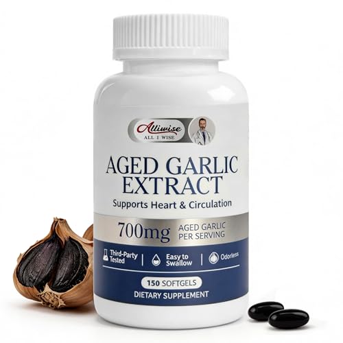 Alliwise Aged Black Garlic Extract 700mg with Vitamin D3 & K2 Odorless Garlic Supplement for Heart & Circulation Support High-Purity Age Small Softgels Easy to Digest 3rd Party Tested