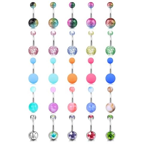 Diamday 25Pcs 14G Stainless Steel Belly Button Rings Set for Women CZ Screw Belly Piercing Jewelry Belly Bars Navel Rings Body Piercing Jewelry Multiple Colours Cover