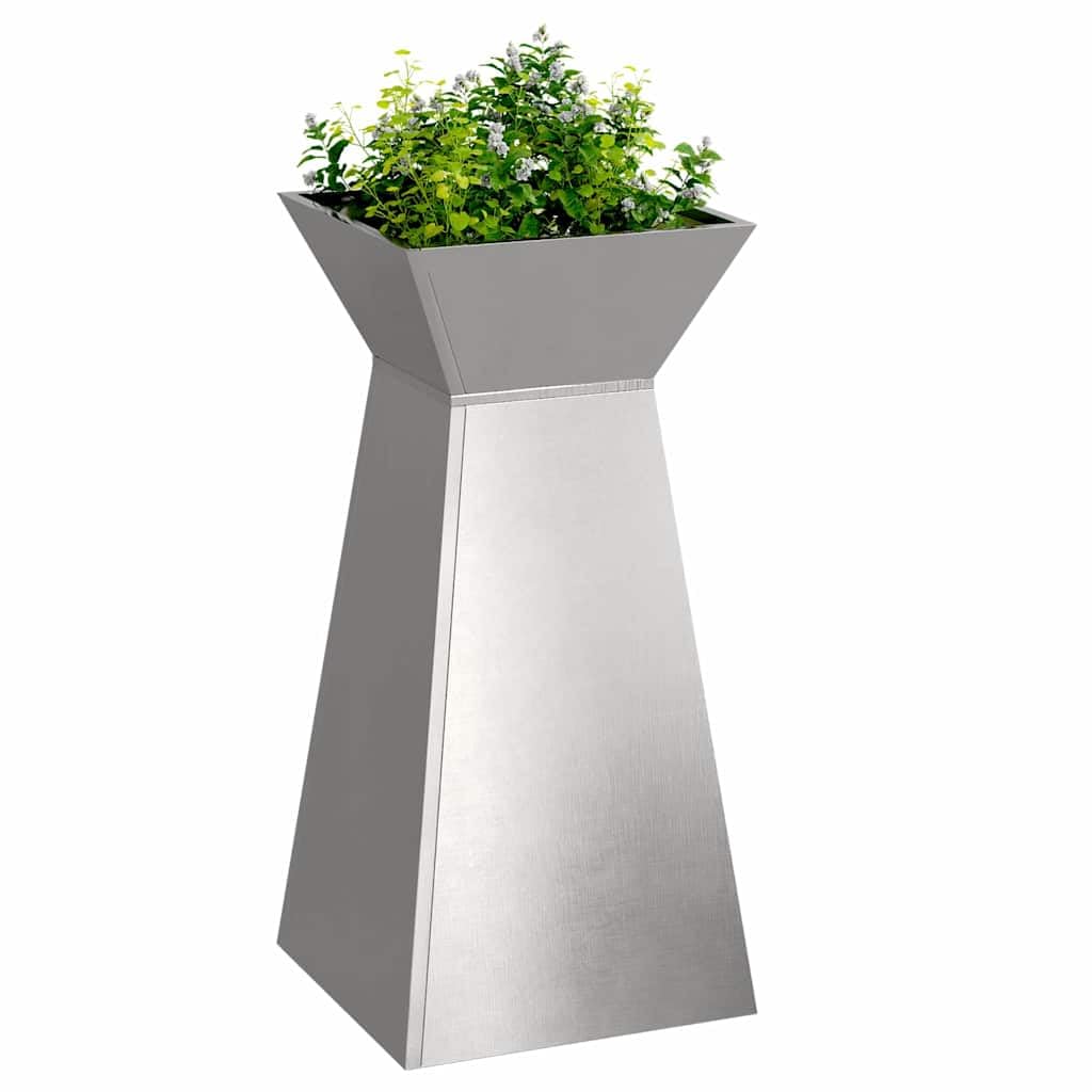 Srebrny wazon na słupek 35 x 35 x 73 cm ze stali nierdzewnej, wysoka doniczka na taras, nowoczesna donica na rośliny ogrodowe o eleganckim i solidnym wzornictwie