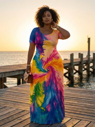 Image of SUZONANA Plus Size Maxi Dress for Curvy Women Summer Casual Sundress Short Sleeve Loose Vacation Dress