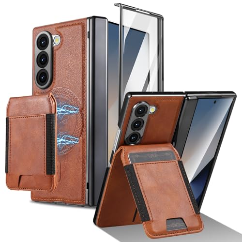 Étui portefeuille cuir Galaxy Z Fold 6 marron avec béquille et protection écran