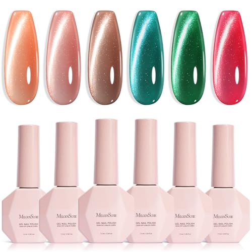 Image of MelodySusie Velvet Gem Red Green Cat Eye Set Cat Eye Gel Nail Polish Set 6 Pcs, 0.26 Fl Oz Glitter Holographic Magnetic Nail Polish with Magnet, UV Nail Polish for Nail Art Manicure Salon DIY at Home