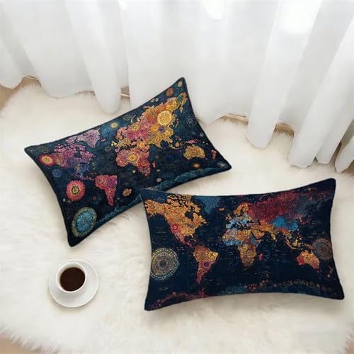 Azul Marino Funda Cojin 30x50 Juego de 2, Mapa Del Mundo Rectangular Funda Almohada 50x30cm con Cremallera Oculta, Suave Terciopelo Fundas Cojines, Fundas de Cojines para Sofá Cama Silla Regalo L-6923