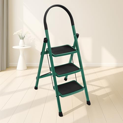 Plantex Hercules Pro 3-Step Foldable Ladder for Home with 150 kg Load Capacity/Heavy-Duty GI Steel Ladder/Anti-Slip Wide Step/Strong, Stable & Multi-Purpose (Green)