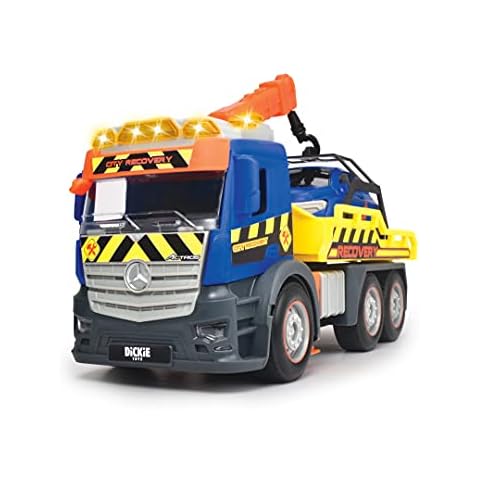 Dickie Toys 203745016 Action Recovery Truck Including, Moving Crane, Sound and Warning Light, Tow Car for Children from 3 Years, Blue/Yellow Cover