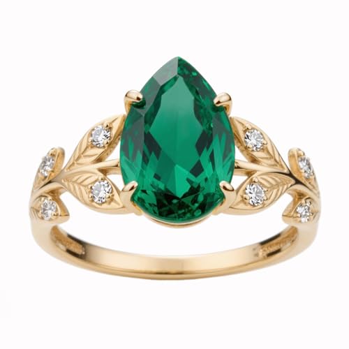 Leaf Pear-Cut Engagement Ring 3 ct lab grown Emerald Solitaire Green Stone Solid 10k 14k 18k Gold Retro Wedding Band Womens Engraved Promise Birthday for Women Wife