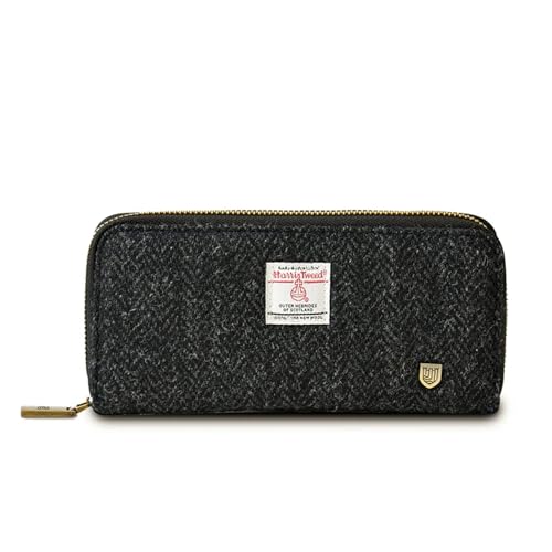 Image of Islander HarrisTweed & PU Leather women's long zip purse, Carry Cash & card, Scottish Style, Black Herringbone