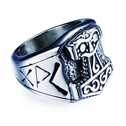 Bague Marteau de Thor homme en acier inoxydable gravé avec rune Fenrir