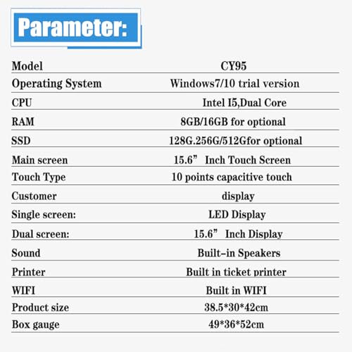 Image of All-in-One POS System with 15.6 Inch Touchscreen, Intel i5 CPU, 8GB RAM, Built-in Thermal Printer, Dual Display Support for Retail Store, Restaurant and Cafe Business Use