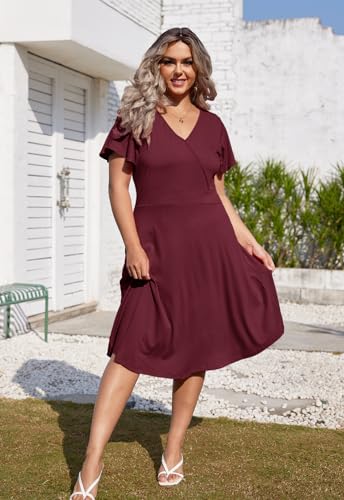 Image of Women's Plus Size Summer Dresses V Neck Ruffle Short Sleeve Casual Wrap A Line Midi Dress with Pockets
