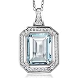 Gem Stone King 925 Sterling Silver Sky Blue Simulated Aquamarine Women Pendant Necklace For Women (4.64 Ct Emerald Cut 11X9MM with 18 Inch Silver Chain)