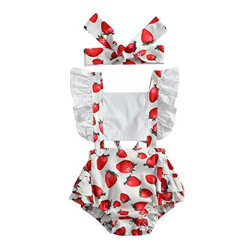 Image of Xiaoluokaixin Newborn Baby Girls Ruffle Sleeve Romper Bodysuit Backless Jumpsuit with Headband One-Piece Outfits Clothes (A-Strawberry,6-12 Months)