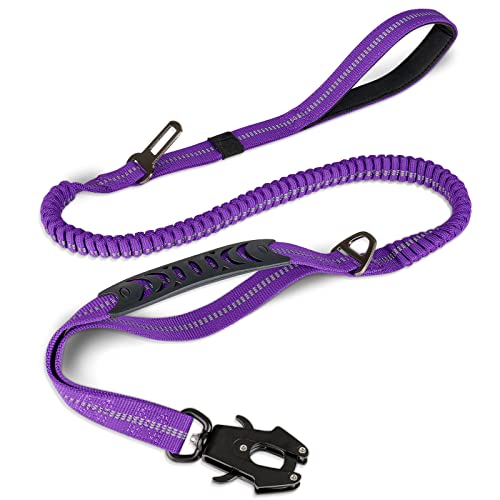 Joytale Guinzaglio tattico, guinzaglio Bungee da 1,2 m-1,8 m con 2 maniglie imbottite, cintura di sicurezza per auto, guinzaglio per cani di taglia media, grande, X-large, Viola