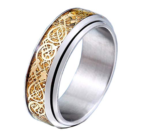 HIJONES Unisex Carbide Fiber Celtic Dragon Spinner Ring Stainless Steel Wedding Spins Band Silver Gold Size 7