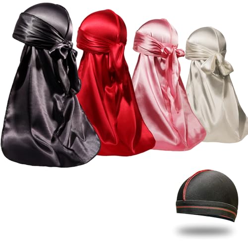 4PCS Silky Durags for Men Women 360 Waves with 1 Wave Cap, S