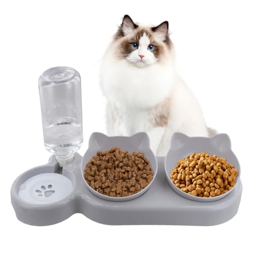 3 en 1 Gamelle Chat  Eau Inclinable À 15°  Surélevée  Gamelles et Abreuvoirs  Bol  Accessoires Chaton  Mangeoire  Disponible pour Chats et Chiots  Grise