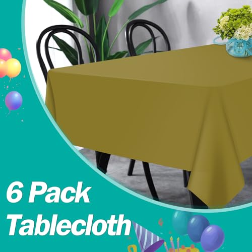 Image of Gold 6 Pack Plastic Table Cloth 54 inch x 108 inch, Disposable Tablecloths Rectangle Table Cover, Plastic Tablecloths for Parties