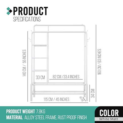 KLASS Heavy Duty Clothes Rail, Sturdy 120KG WHITE Metal Clothes Rack With Double Hanging Clothing Rail, Shoe Rack, Storage Shelves & 4 Coat Hooks, Freestanding Clothes Rails For Bedroom, Office, Shop