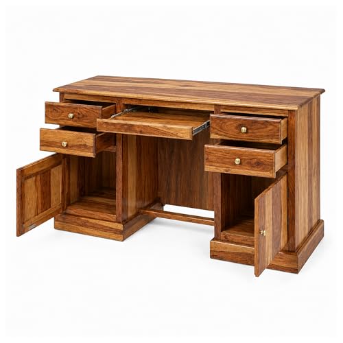 Image of SONA ART & CRAFTS Carmel Solid Sheesham Wood Study Table for Students Big Size with 4 Drawers & 2 Doors Wooden Study Desk Table Office Table for Work from Home Office Desk (Natural Teak Finish)