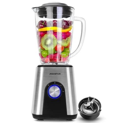 Aigostar 1.8L Blender Smoothie Maker, 1200W Glass Jug Blender Mixer with 6 Stainless Steel Ice Crusher Blades, Multi-Function High Speed Electric Food Blender for Shakes, BPA Free - Archer 30RTZ