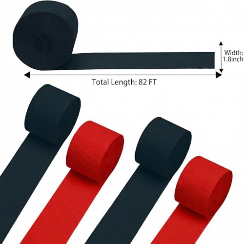 Image of Black and Red Crepe Paper Streamers 4 Rolls 328ft, Pack of Party Streamers for Halloween, Crepe Paper for Birthday, Kwanzaa, Christmas Party Decorations (1.8 Inch x 82 Ft /Roll)