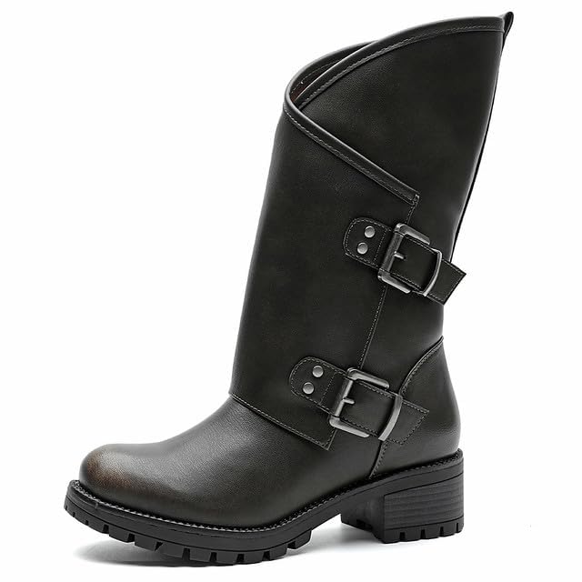 GLOBALWIN Women's Motocycle Boots Distressed Brown Boots For Women Fashion Dressy Mid Calf Comfortable Chunky Heel Size 5.5M - image 2