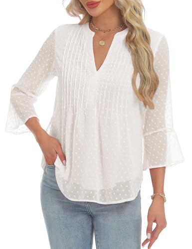 AIMCOO Blouses for Women Dressy Casual 3/4 Sleeve Tops for Women Swiss Dot Double Layered Chiffon Work Tunic Shirts2