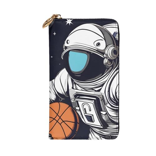 Astronaut Space Basketball Picture Leather Long Clutch Wallet for Fashionable Girls and Women - Durable, Stylish, and Functional, Black, One Size2