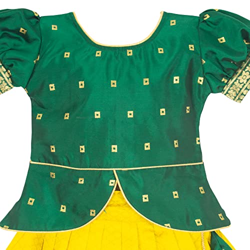 Image of Girls' Readymade Green and Yellow Woven Lehenga Choli Set(Green)