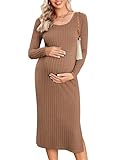 Ekouaer Women's Maternity Dress Fall Crewneck Midi Dress 2023 Long Sleeve Pregnancy Work Clothes Khaki S