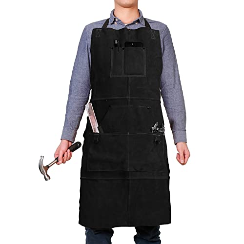 Image of QeeLink Leather Work Shop Apron with 6 Tool Pockets Heat & Flame Resistant Welding Apron, 24" x 36", Adjustable M to XXL (Black)