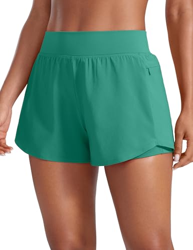 CRZ YOGA 2 in 1 Double Layer Running Shorts for Women 3 - High Waisted for Athletic Tennis Workout with Zip Pockets Cascadia Green Medium